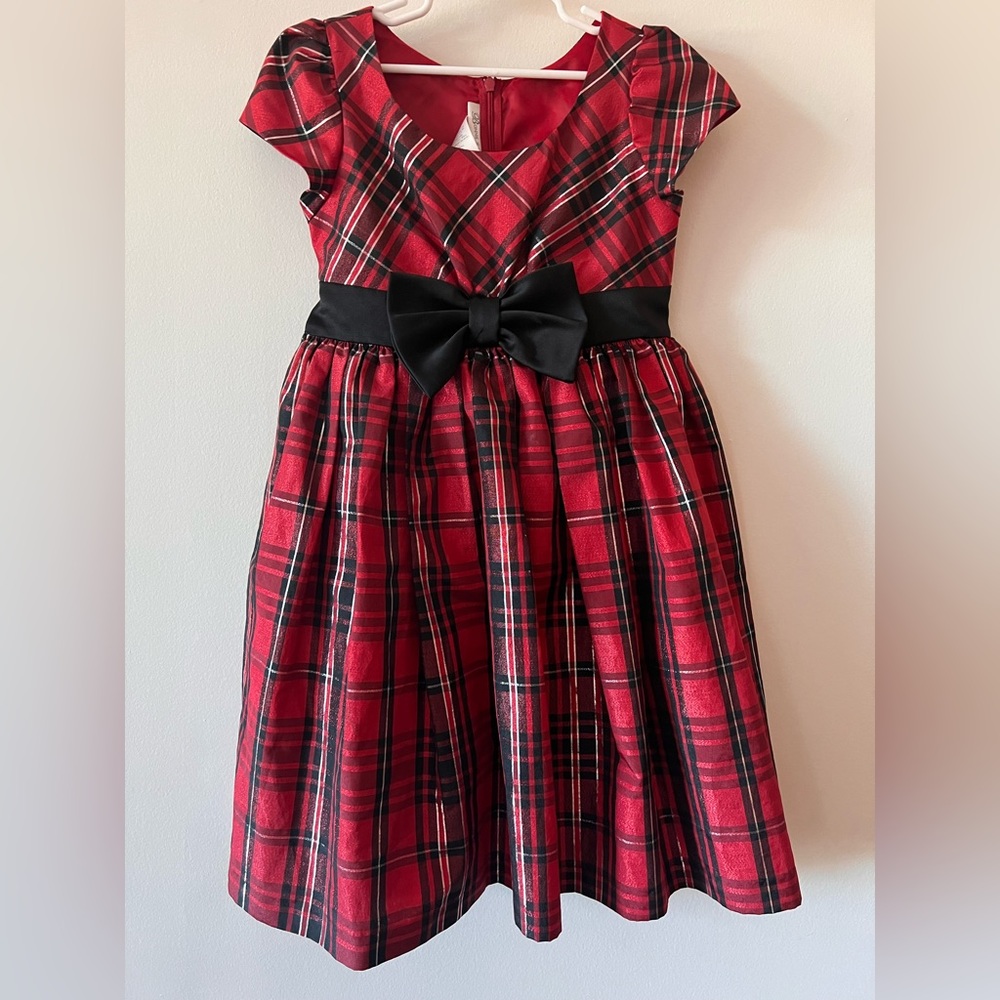 Bonnie Jean Little Girls Holiday Formal  Red Black Silver Plaid Dress Size 6x